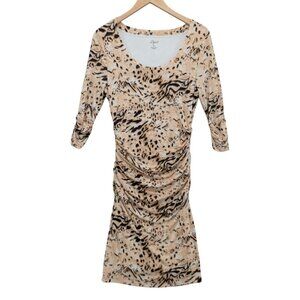 Lysse Maria Bodycon Dress Cream Black Animal Print 3/4 Sleeve Ruched Size S
